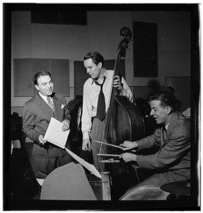Portrait of Bob Haggart (center), Morey Feld, and Mack Shopnick, New York, N.Y.(?), ca. July 1947